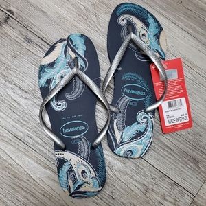 Havaianas Navy Paisley Flip Flops w/ Silver Straps